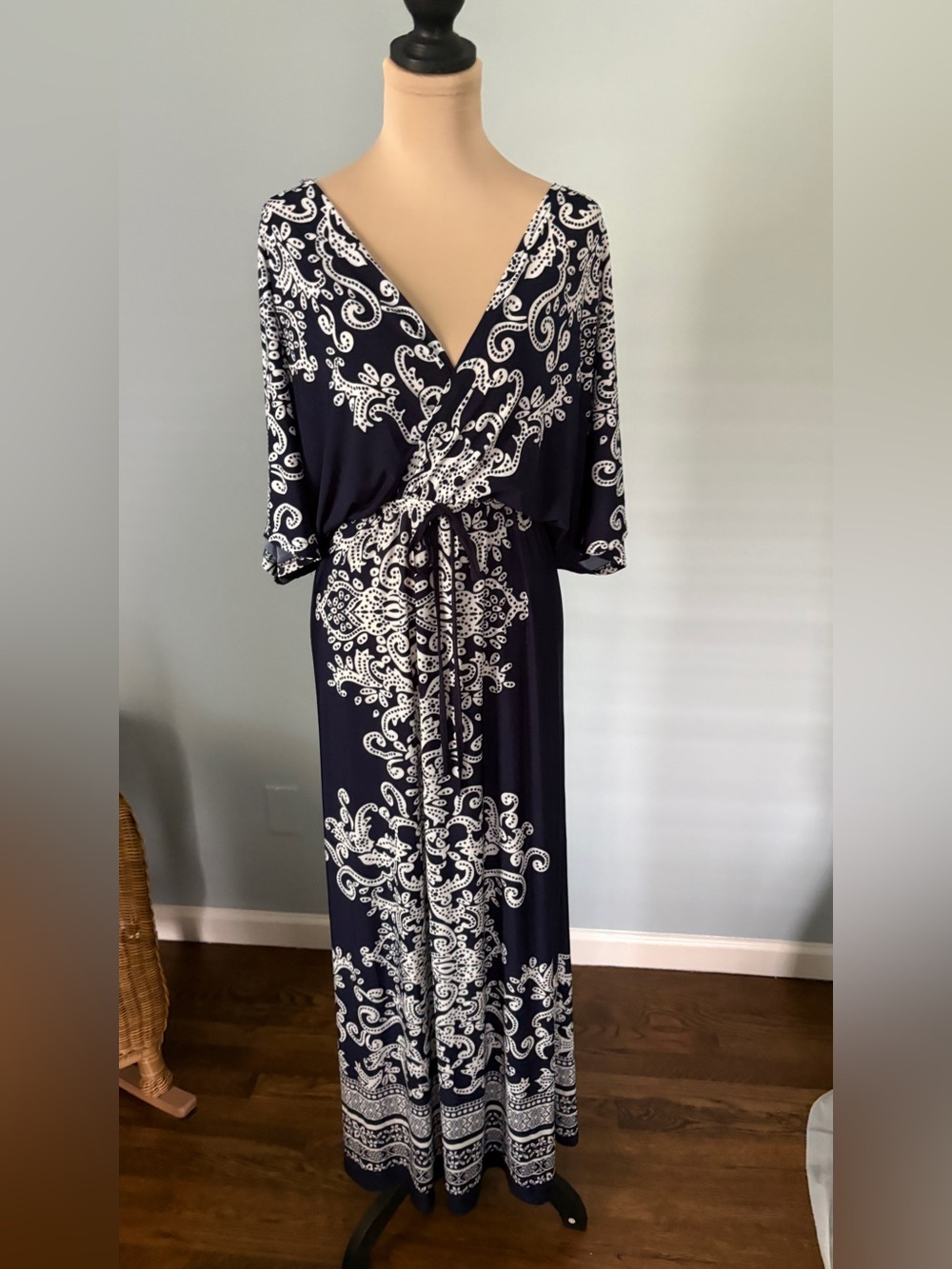 Navy and White Paisley Wrap Maxi Dress